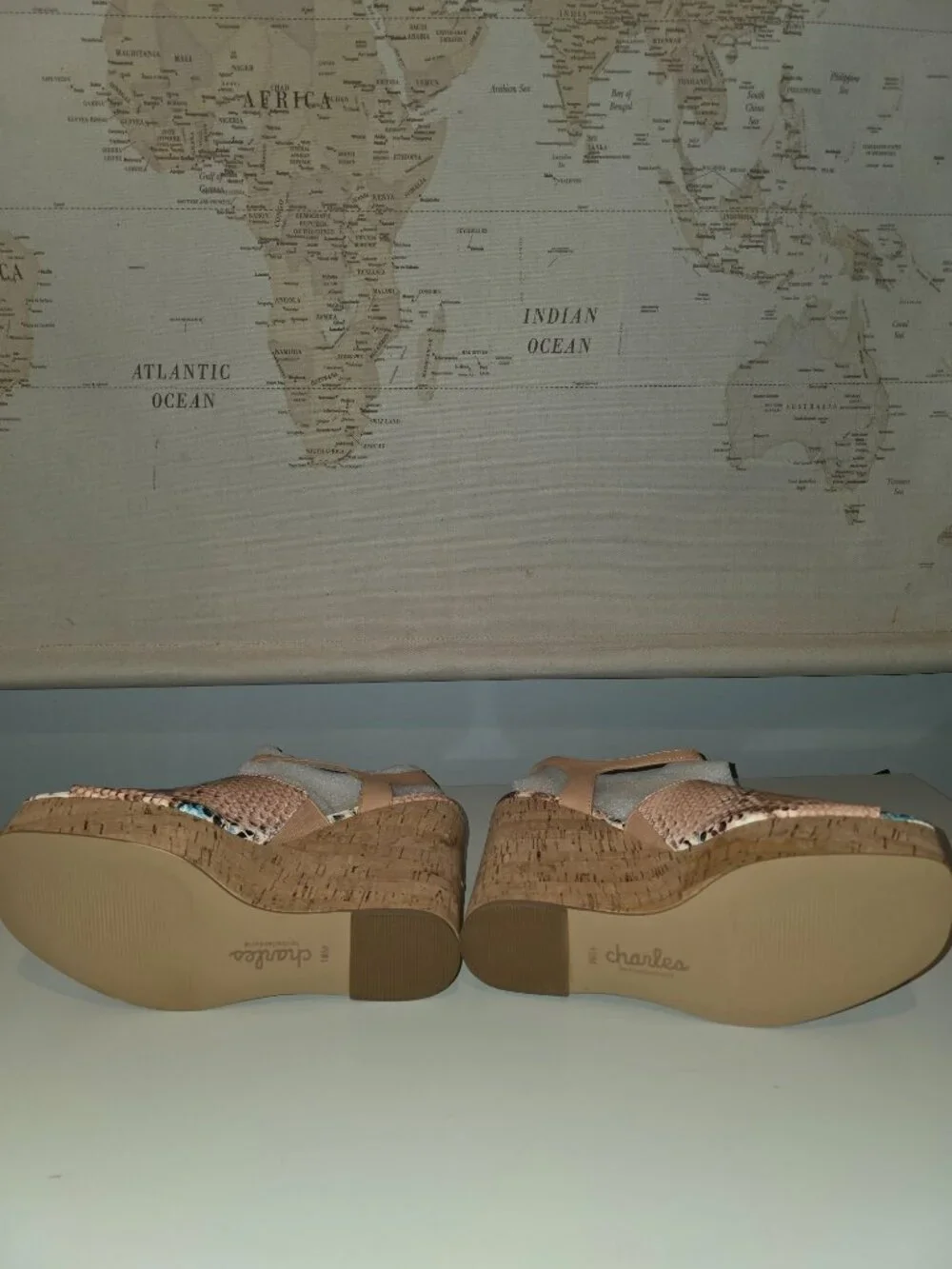 Charles by Charles David Dory Cork Platform Wedges Faux Python Snake